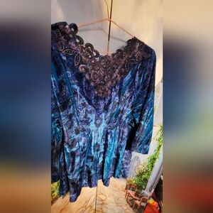 Live and Let Live Teal and Navy Velour Blouse with Lace Detail